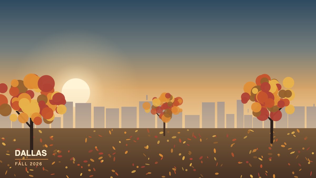 Illustration of trees in autumn colour with fallen leaves, a hazy low sun and a distant Dallas skyline