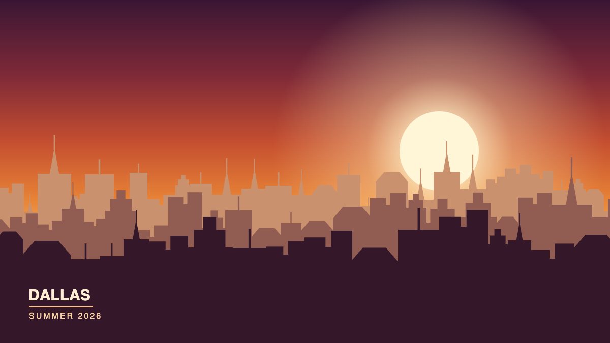 Illustrated Dallas skyline silhouette against an orange and deep-red sunset sky with a low sun