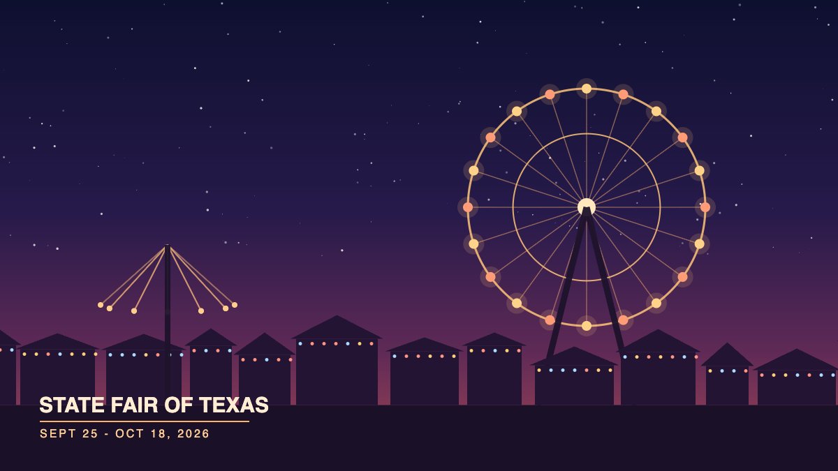 Illustration of a fairground at night with a lit ferris wheel, swing ride and midway stalls under a starry sky
