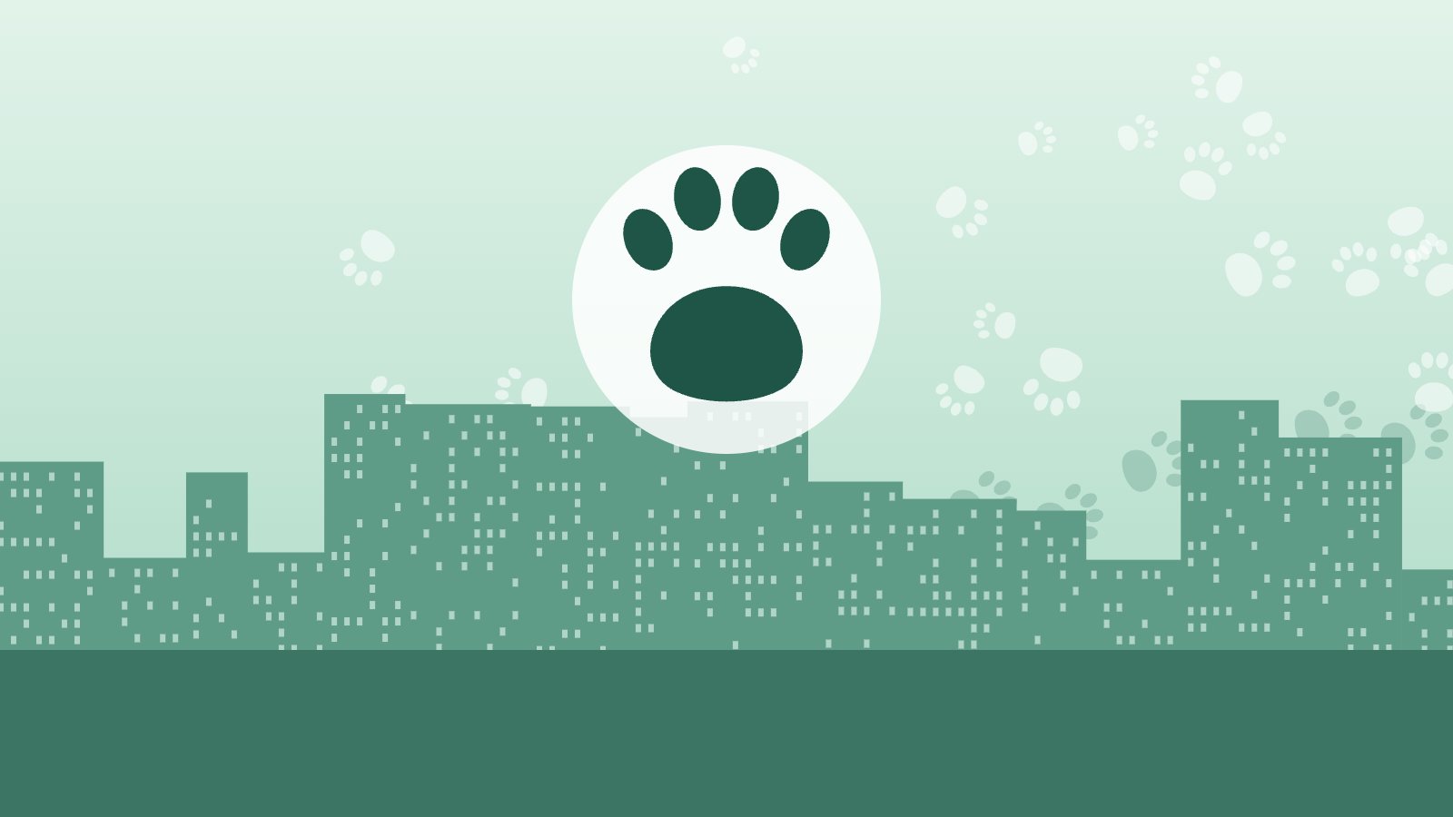 A paw print over a green city skyline