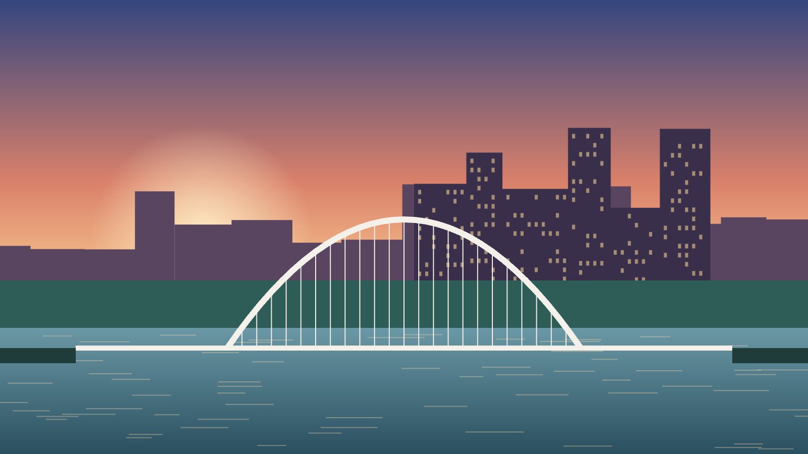 An arch bridge over a river at sunset with a city skyline
